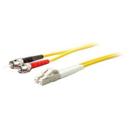 This is a 1m lc (male) to st (male) yellow duplex riser-rated fiber patch cable.