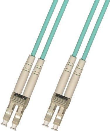 This is a 0.5m lc (male) to lc (male) aqua duplex riser-rated fiber patch cable.