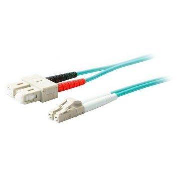 This is a 15m lc (male) to sc (male) aqua duplex riser-rated fiber patch cable.