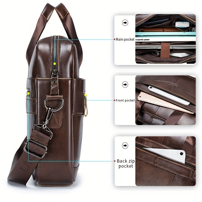 1pc Men's Briefcase, Genuine Leather Men's Bag, Official Bag, 15 Inch Computer Bag, Men's Portable Shoulder Business Bag