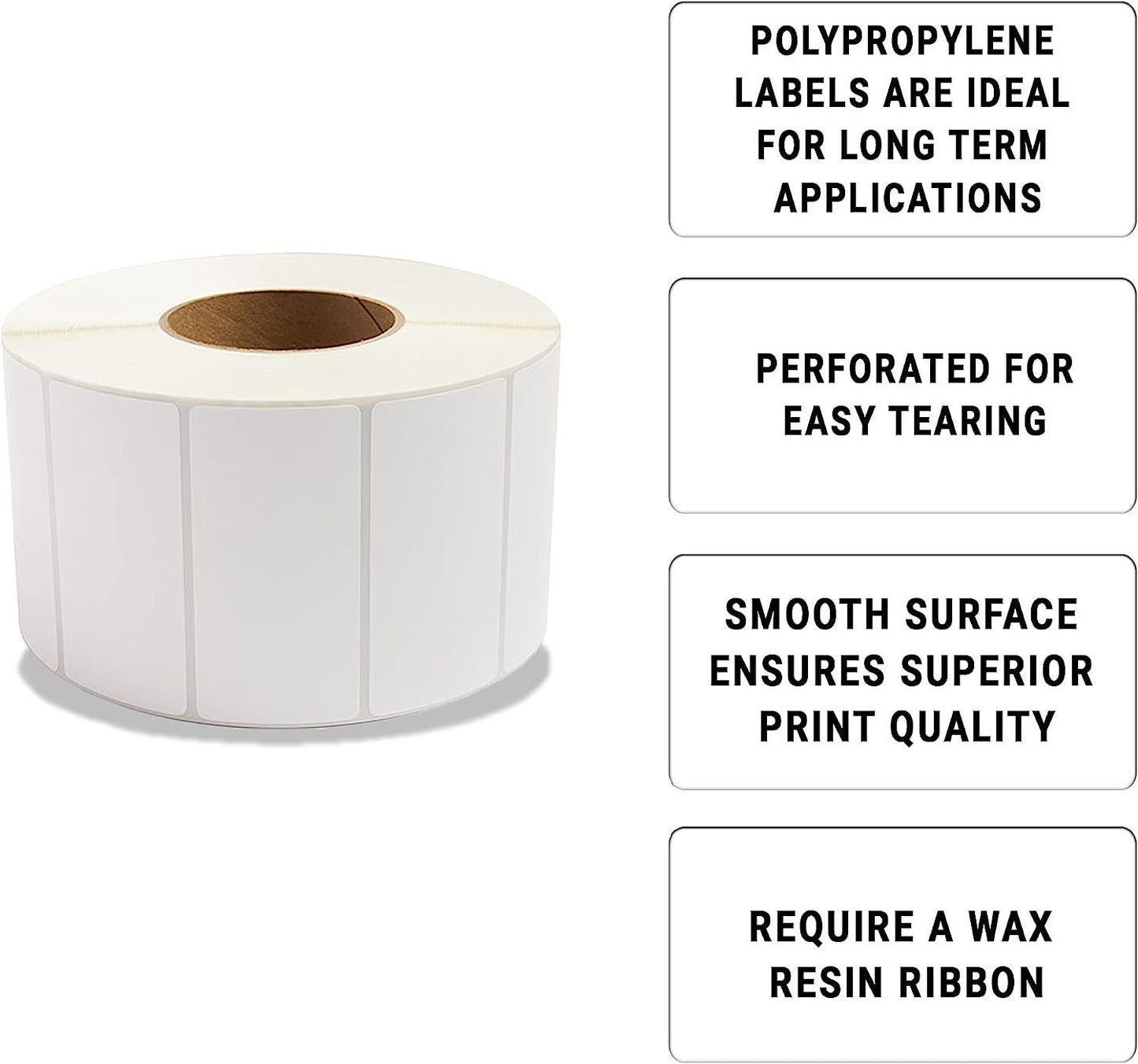 White Thermal Transfer Labels 4" x 2" Polypropylene. Pack of 11500 Perforated Thermal Shipping Labels with 3" core. Self-Adhesive Rolls. Mailing Printing Paper Blank for Shipping; Barcoding