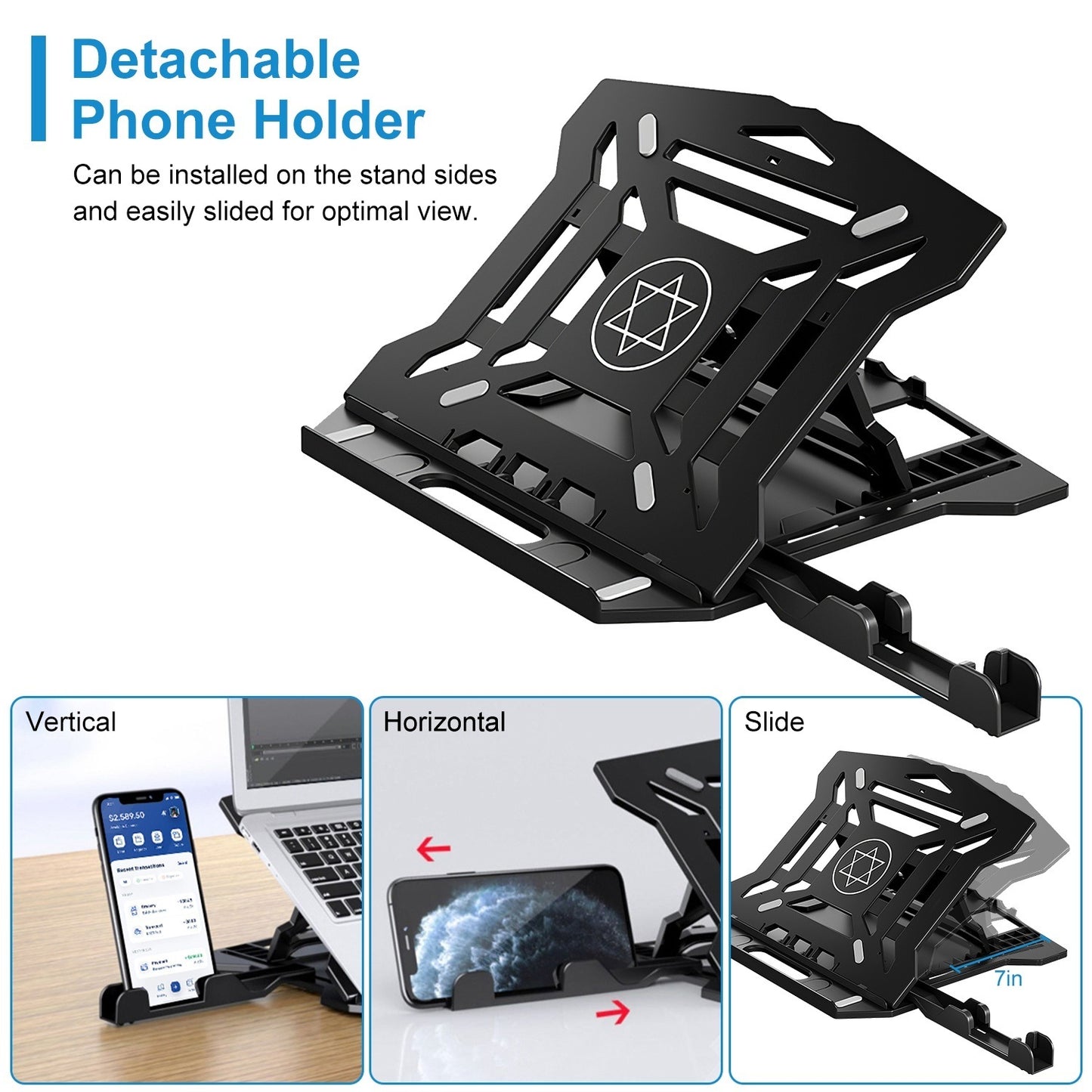 360 Rotating Laptop Riser Stand Foldable Desk Laptop Riser Tablet PC Holder with Phone Stand 8 Level Adjustable Height Inbuilt Handle for Home Office Travel