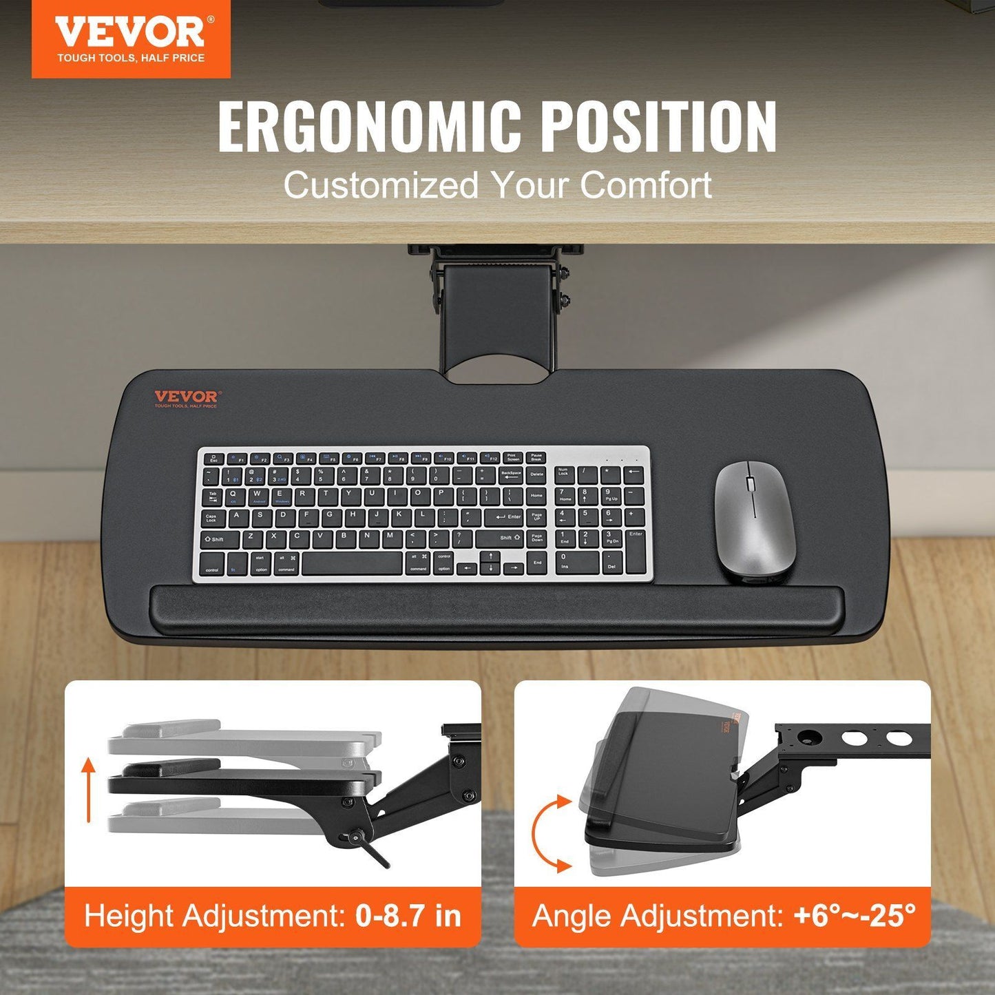 VEVOR Keyboard Tray Under Desk, Height and Angle Adjustable Ergonomic Keyboard/Mouse Tray Under Desk, Large 25x9.8 inch Slide-out Computer Drawer for Typing in Home, Office Work