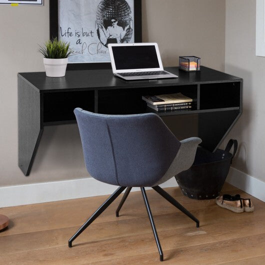 Wall Mounted Floating Sturdy Computer Table with Storage Shelf-Black - Color: Black