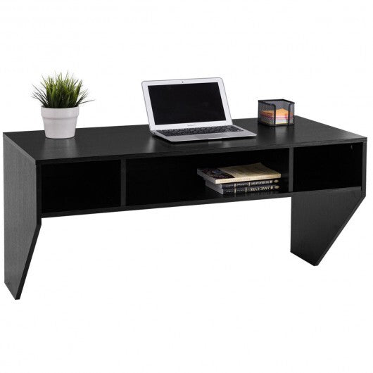 Wall Mounted Floating Sturdy Computer Table with Storage Shelf-Black - Color: Black