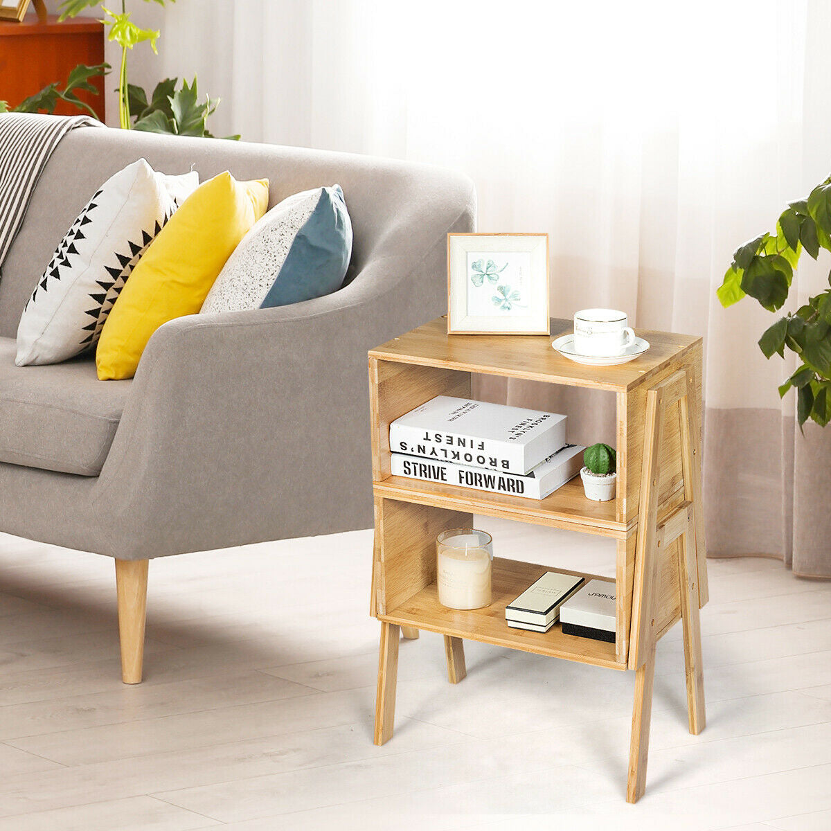 2 Pieces Bamboo Nightstand Sofa Table with Storage Shelf - Color: Natural