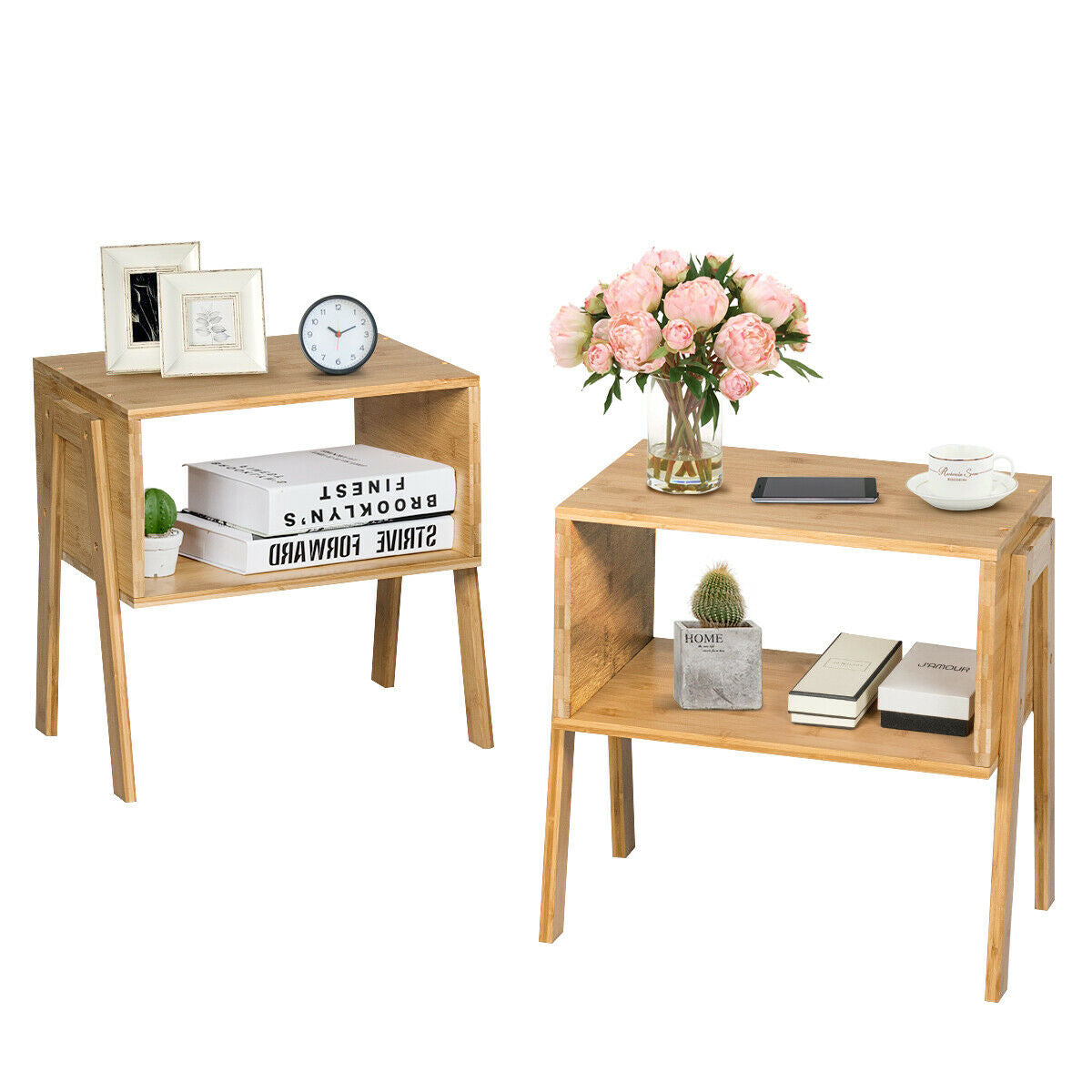 2 Pieces Bamboo Nightstand Sofa Table with Storage Shelf - Color: Natural