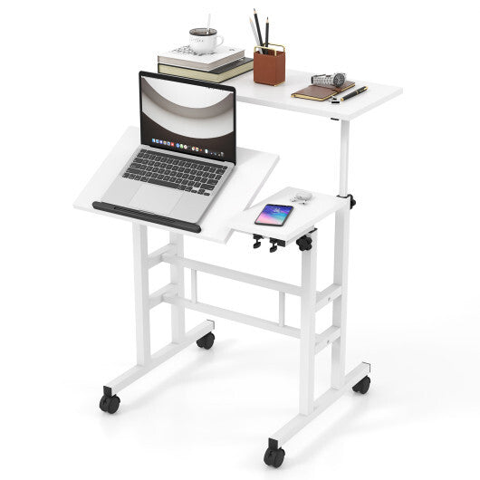 Mobile Stand-up Computer Desk Adjustable with 2 Tilting Desktops-White - Color: White