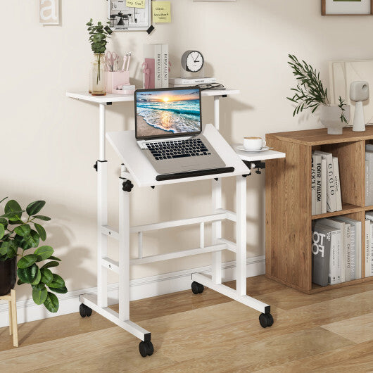 Mobile Stand-up Computer Desk Adjustable with 2 Tilting Desktops-White - Color: White