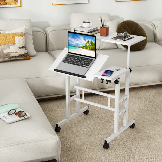 Mobile Stand-up Computer Desk Adjustable with 2 Tilting Desktops-White - Color: White