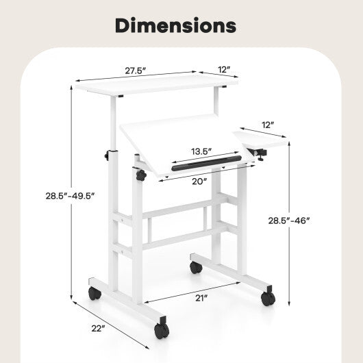 Mobile Stand-up Computer Desk Adjustable with 2 Tilting Desktops-White - Color: White