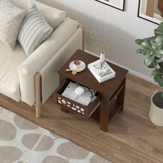 Wood Retro End Table with Mirrored Glass Drawer and Open Storage Shelf-Brown - Color: Brown