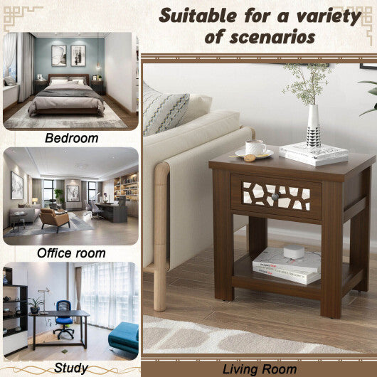 Wood Retro End Table with Mirrored Glass Drawer and Open Storage Shelf-Brown - Color: Brown