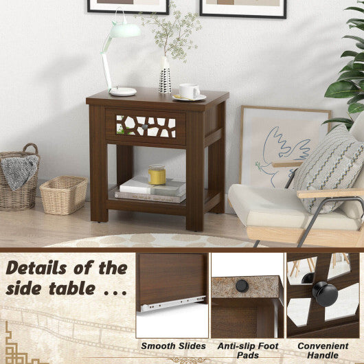 Wood Retro End Table with Mirrored Glass Drawer and Open Storage Shelf-Brown - Color: Brown