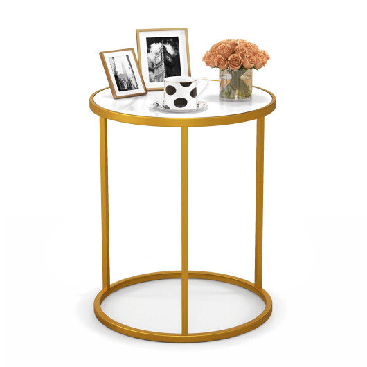 16 Inch Marble Top Round Side Table with Golden Metal Frame for Living Room Bedroom-1 Piece - Color: Golden