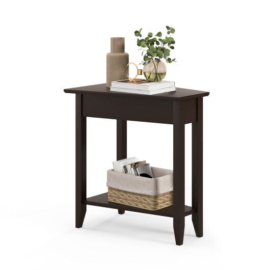 2-Tier Wedge Narrow End Table with Storage Shelf and Solid Wood Legs-Espresso - Color: Espresso