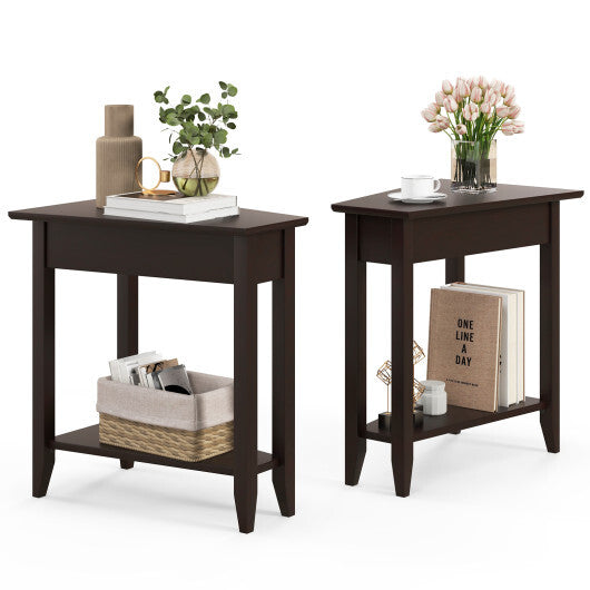 2-Tier Wedge Narrow End Table with Storage Shelf and Solid Wood Legs-Espresso - Color: Espresso