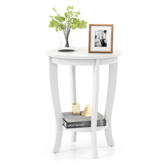 2-tier Round End Table with Solid Wood Legs-White - Color: White