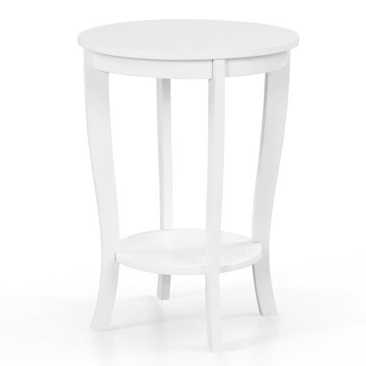 2-tier Round End Table with Solid Wood Legs-White - Color: White