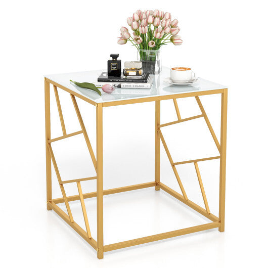 Square End Table with Tempered Glass Tabletop and Gold Finish Geometric Frame-Golden - Color: Golden