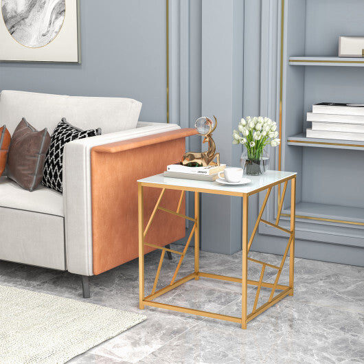 Square End Table with Tempered Glass Tabletop and Gold Finish Geometric Frame-Golden - Color: Golden