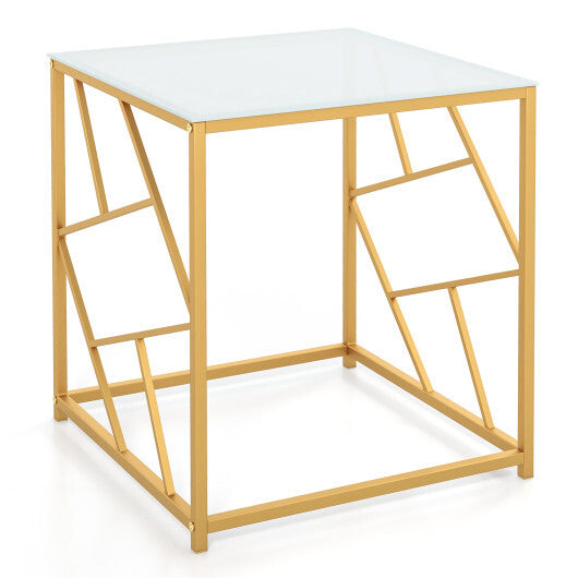 Square End Table with Tempered Glass Tabletop and Gold Finish Geometric Frame-Golden - Color: Golden