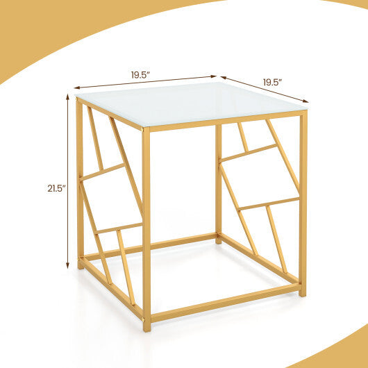 Square End Table with Tempered Glass Tabletop and Gold Finish Geometric Frame-Golden - Color: Golden