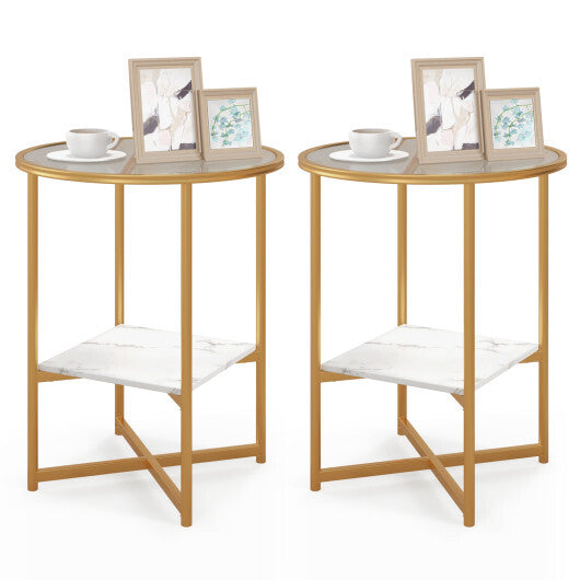 2-Tier Glass End Table Set of 2 with Faux Marble Storage Shelf-White - Color: White