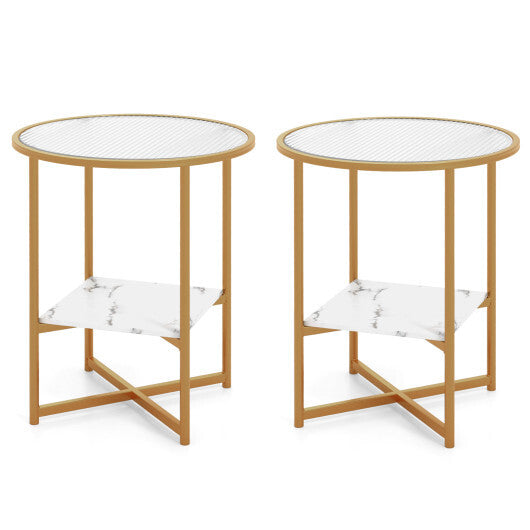 2-Tier Glass End Table Set of 2 with Faux Marble Storage Shelf-White - Color: White