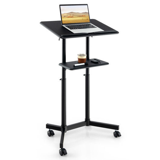 Mobile Lectern Podium Height-adjustable Rolling Laptop Cart with Tilting Top Storage Tray-Black - Color: Black