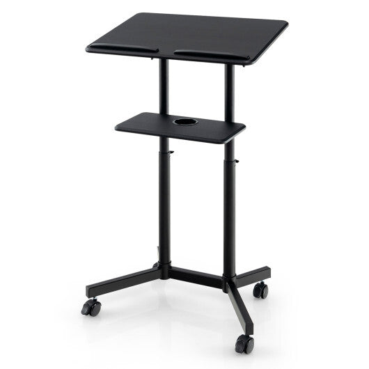 Mobile Lectern Podium Height-adjustable Rolling Laptop Cart with Tilting Top Storage Tray-Black - Color: Black