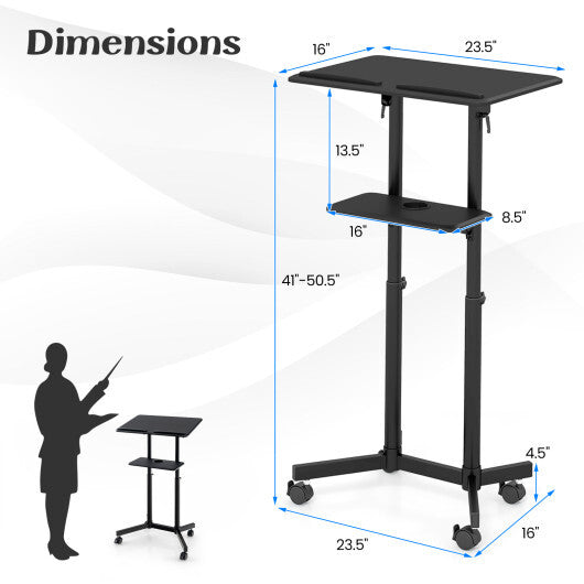 Mobile Lectern Podium Height-adjustable Rolling Laptop Cart with Tilting Top Storage Tray-Black - Color: Black