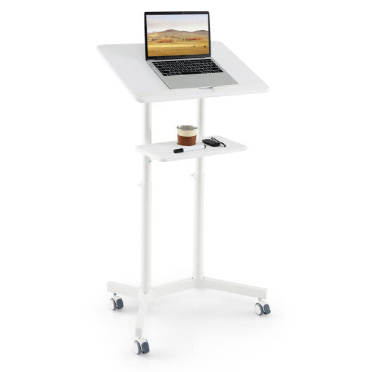 Mobile Lectern Podium Height-adjustable Rolling Laptop Cart with Tilting Top Storage Tray-White - Color: White