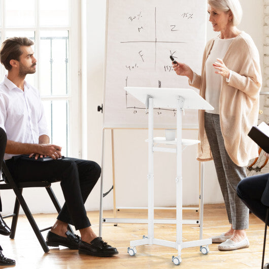 Mobile Lectern Podium Height-adjustable Rolling Laptop Cart with Tilting Top Storage Tray-White - Color: White