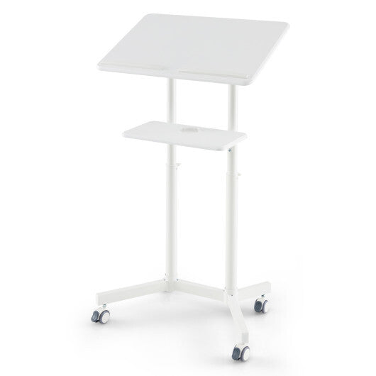 Mobile Lectern Podium Height-adjustable Rolling Laptop Cart with Tilting Top Storage Tray-White - Color: White