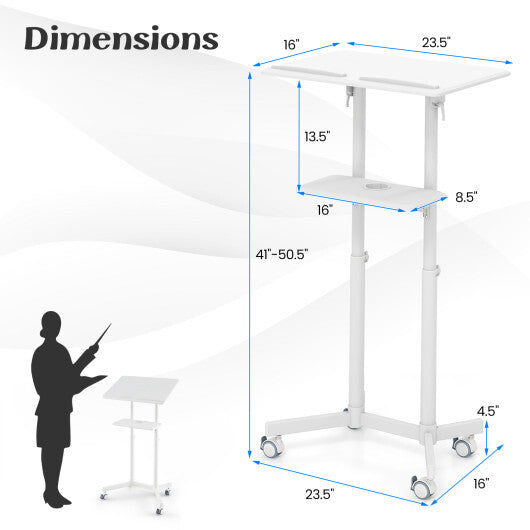 Mobile Lectern Podium Height-adjustable Rolling Laptop Cart with Tilting Top Storage Tray-White - Color: White