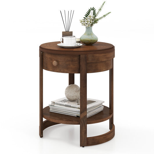 2-Tier Round End Table Mid Century Modern Nightstand with Drawer and Shelf - Color: Brown - Size: 2-Tier