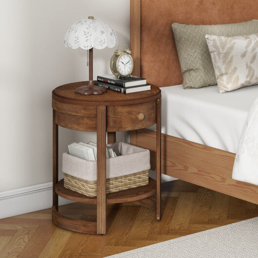 2-Tier Round End Table Mid Century Modern Nightstand with Drawer and Shelf - Color: Brown - Size: 2-Tier