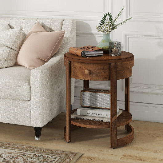 2-Tier Round End Table Mid Century Modern Nightstand with Drawer and Shelf - Color: Brown - Size: 2-Tier