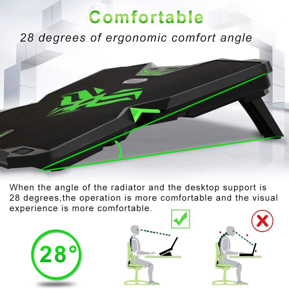 5 Fans Gaming Laptop Cooling Pad for 12"-17" Laptops with LED Lights Dual USB Ports Adjustable Height at 1400 RPM green