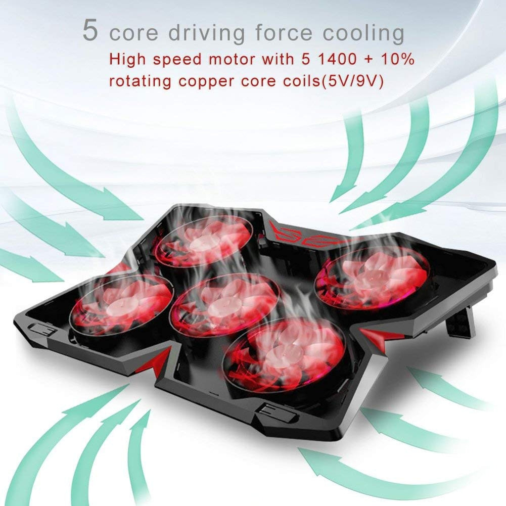 5 Fans Gaming Laptop Cooling Pad for 12"-17" Laptops with LED Lights Dual USB Ports Adjustable Height at 1400 RPM green