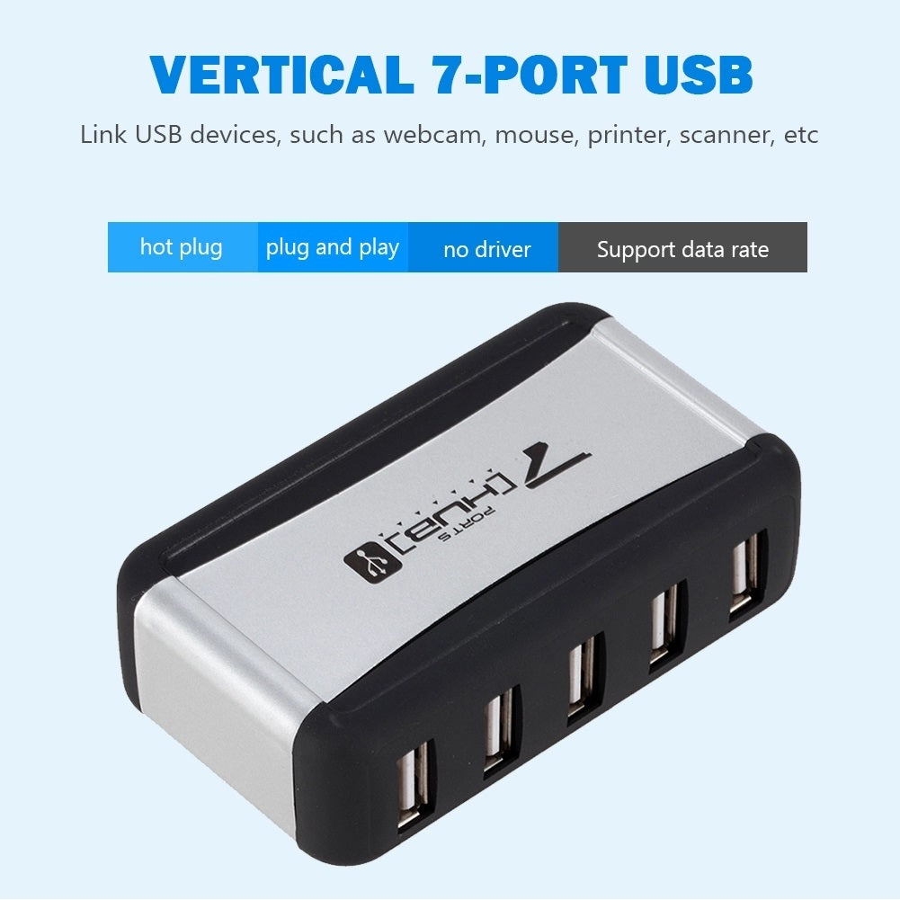 Vertical USB Hub Multi 7 Ports USB 2.0 Splitter with Power Adapter US Plug