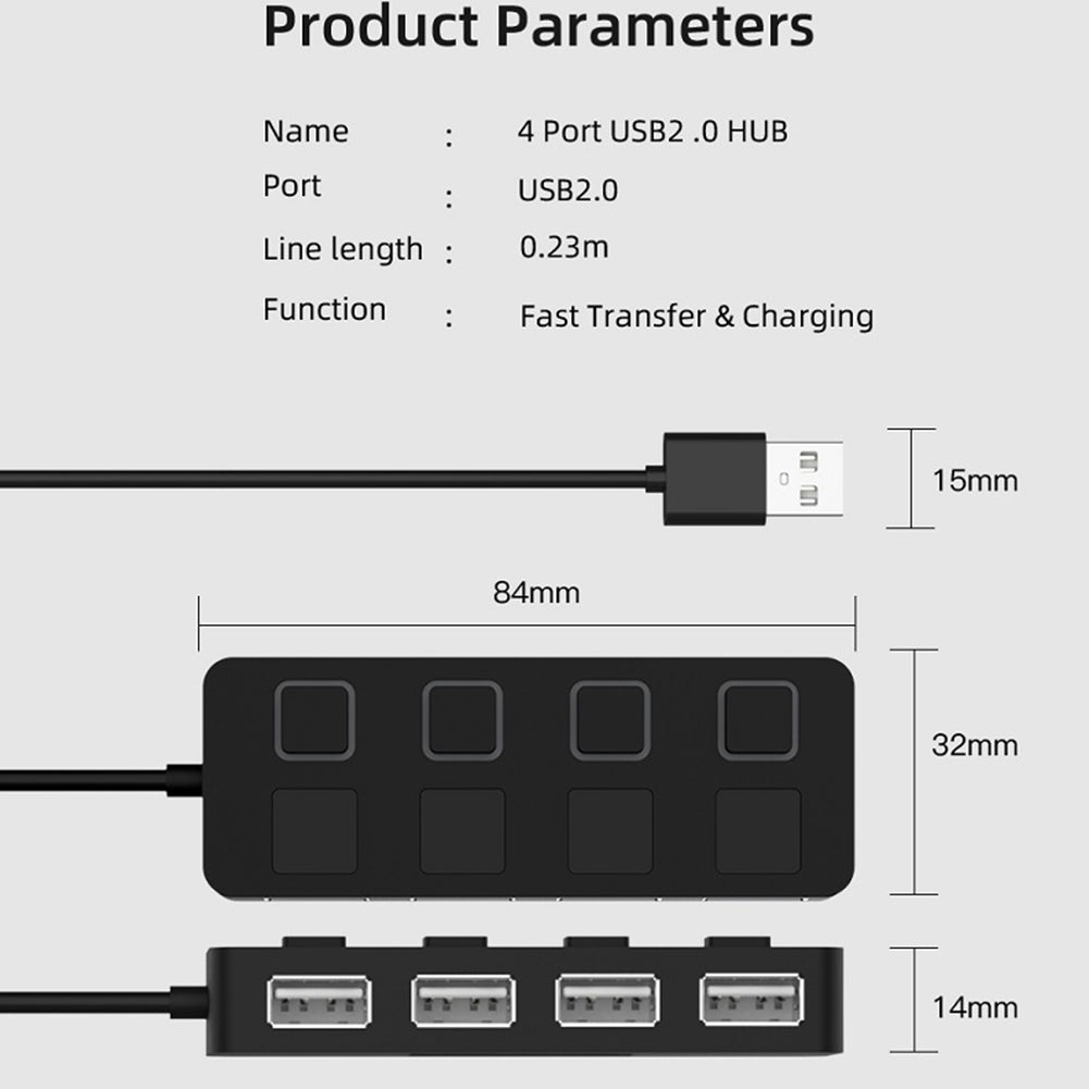 Usb 2.0 Hub Multi Usb Splitter 4 Ports Expander Multiple Usb 2.0 Hub Use Power Adapter Usb2.0 Hub With Switch For PC Black