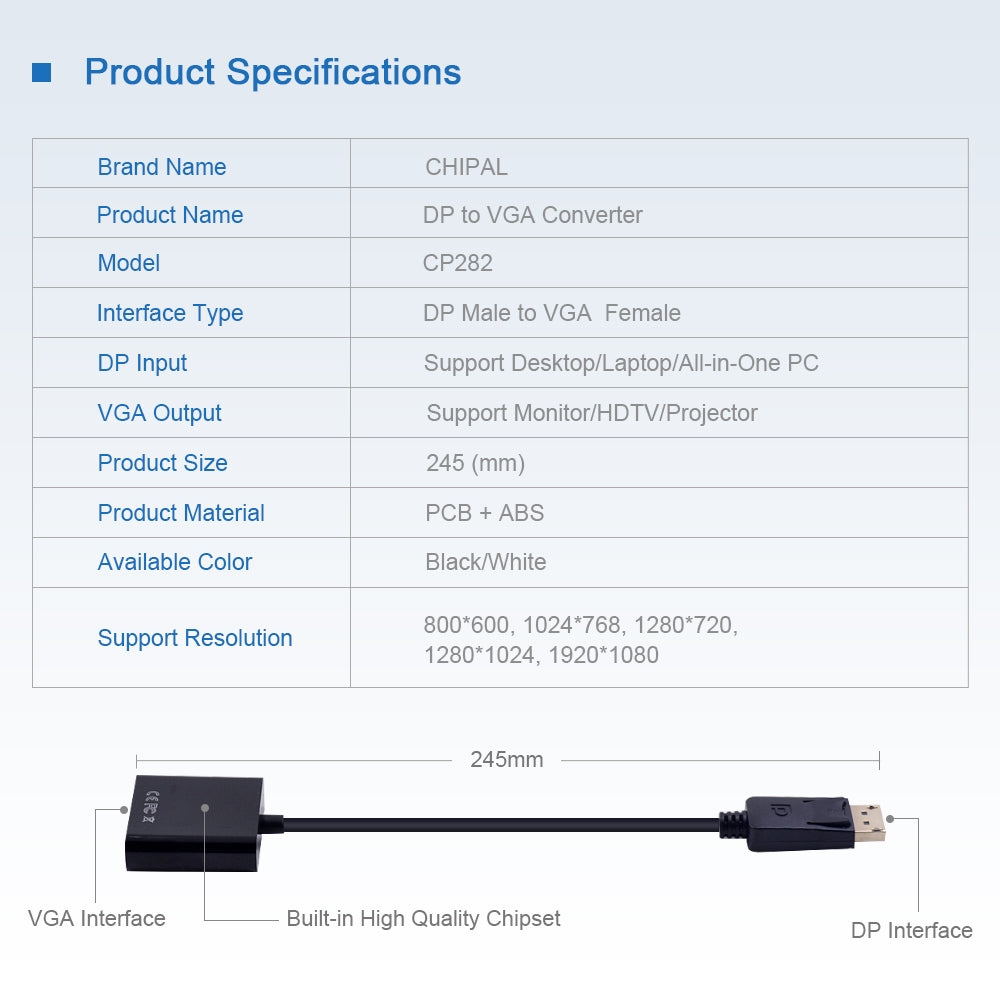 DP  To  VGA  Adapter  Cable Male To Female Converter For Pc Computer Laptop Hd Tv Monitor Projector Black