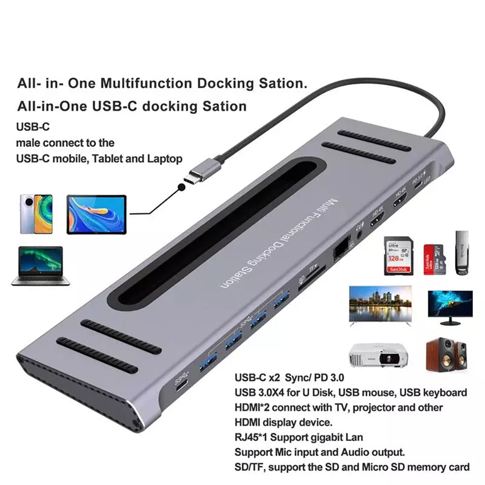 12-in-1 Docking Station Type-c Hub Adapter Base Data Transmission Grey