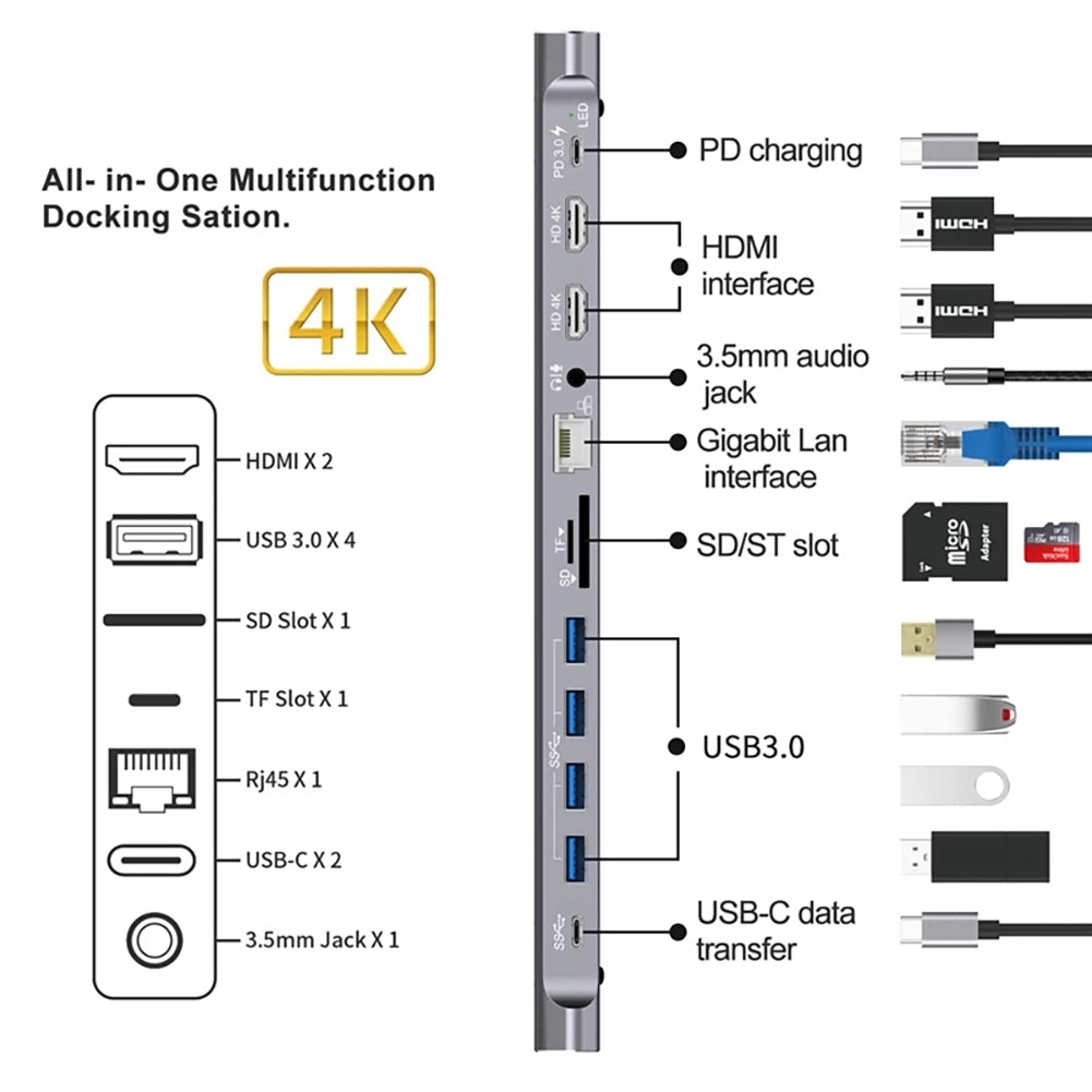 12-in-1 Docking Station Type-c Hub Adapter Base Data Transmission Grey