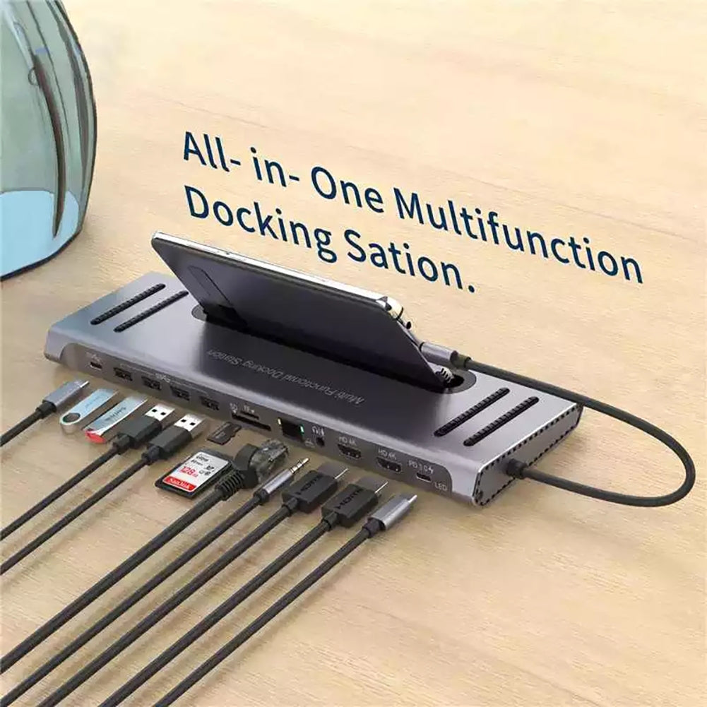 12-in-1 Docking Station Type-c Hub Adapter Base Data Transmission Grey