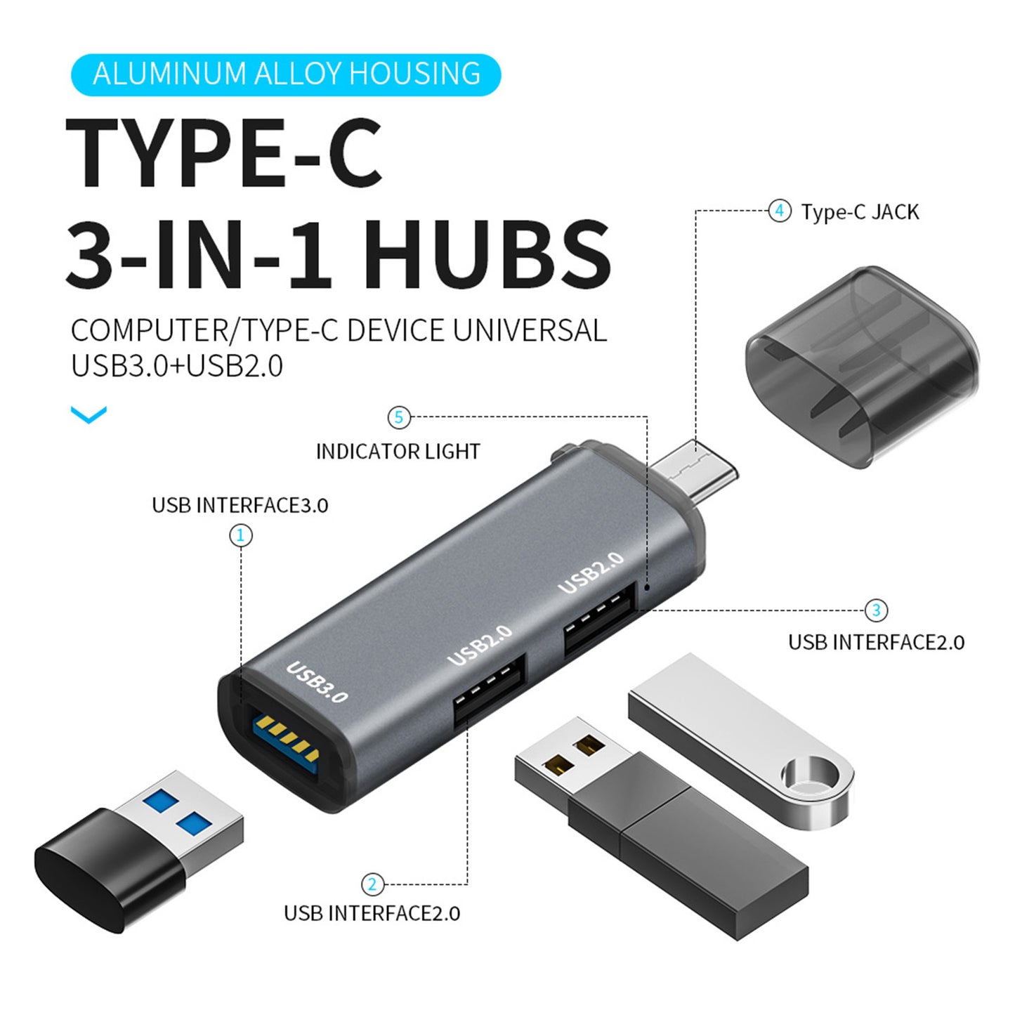 Type-C 3.0 Hub Extensions Computer 3-port Usb Adapter Station Portable Data Hub Usb Splitter Silver