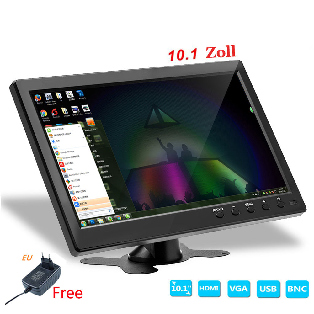 10.1 inch Lcd HD Monitor Color Screen 2 Channel Video Input Security Display with Speaker bnc avi vga US Plug