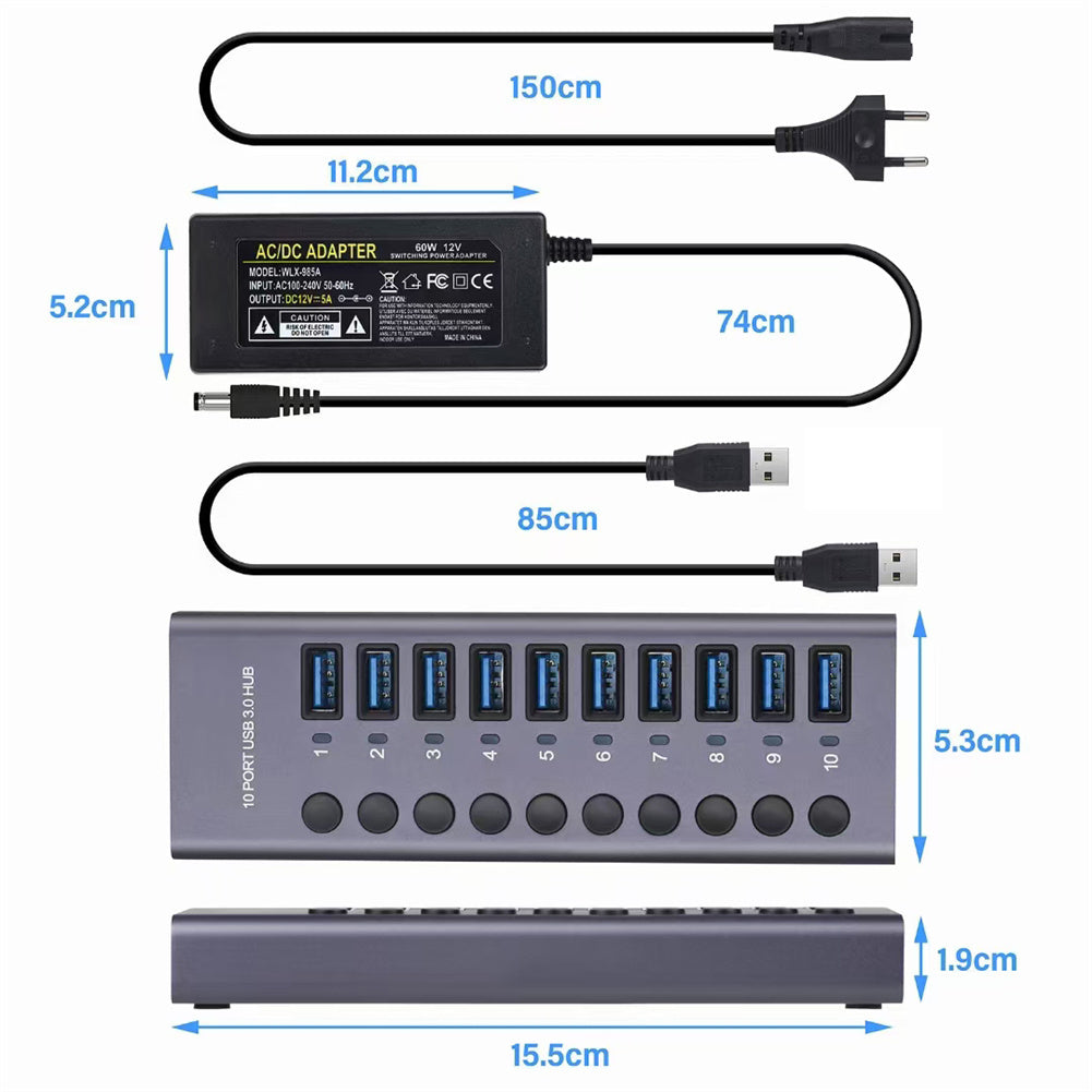 Usb 3.0 Hub 10-port Hub Docking Station with Independent Switch Usb Splitter for Pc Laptop Accessories US Plug